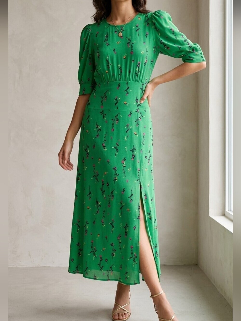AFRM Green Floral Maxi Dress Open Back Puff Sleevev Smocked Back Leg Slit XS New